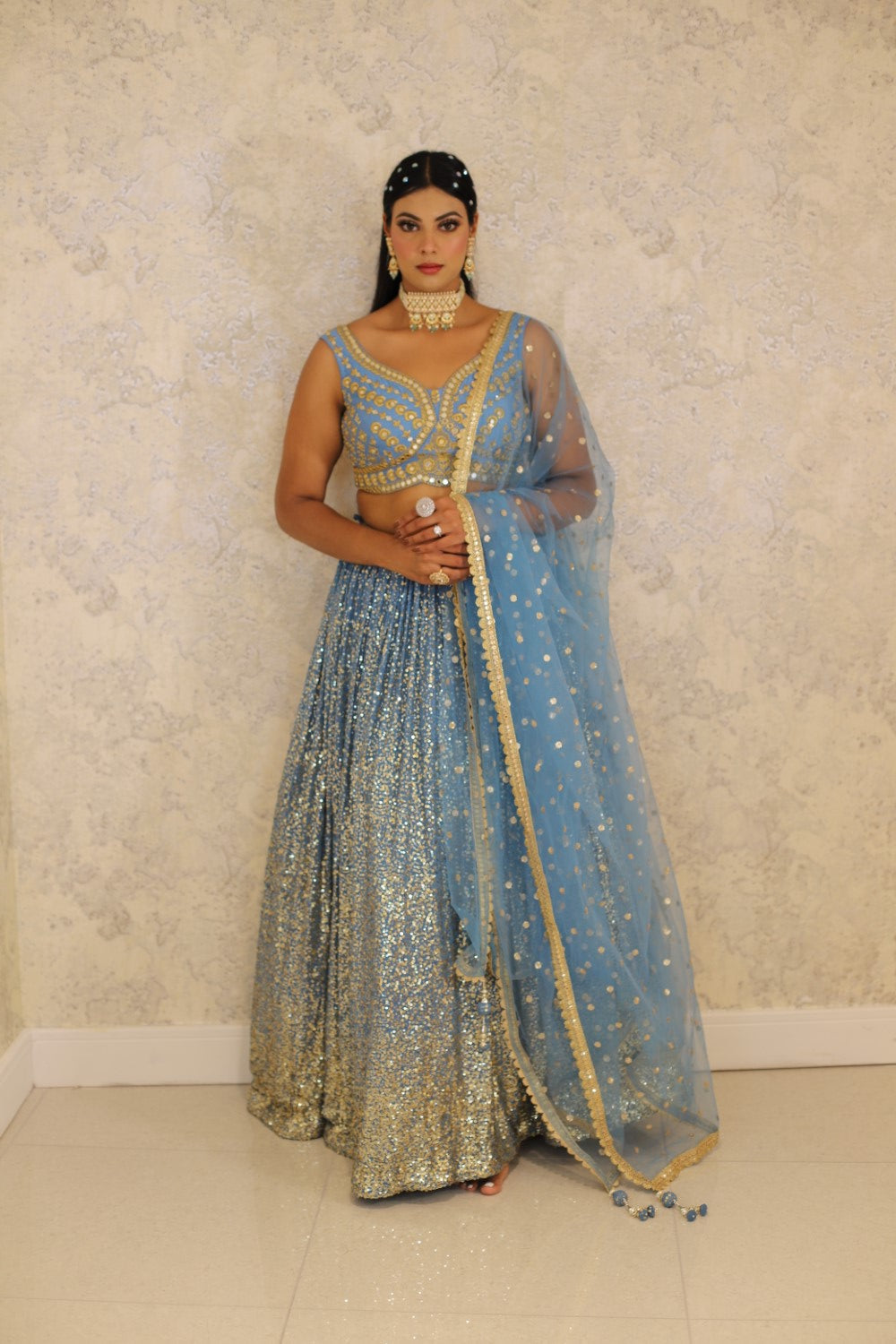 Blue Lehenga And Blouse Satin Patchwork Embroidered Floral Leaf Neck Brocade Set
