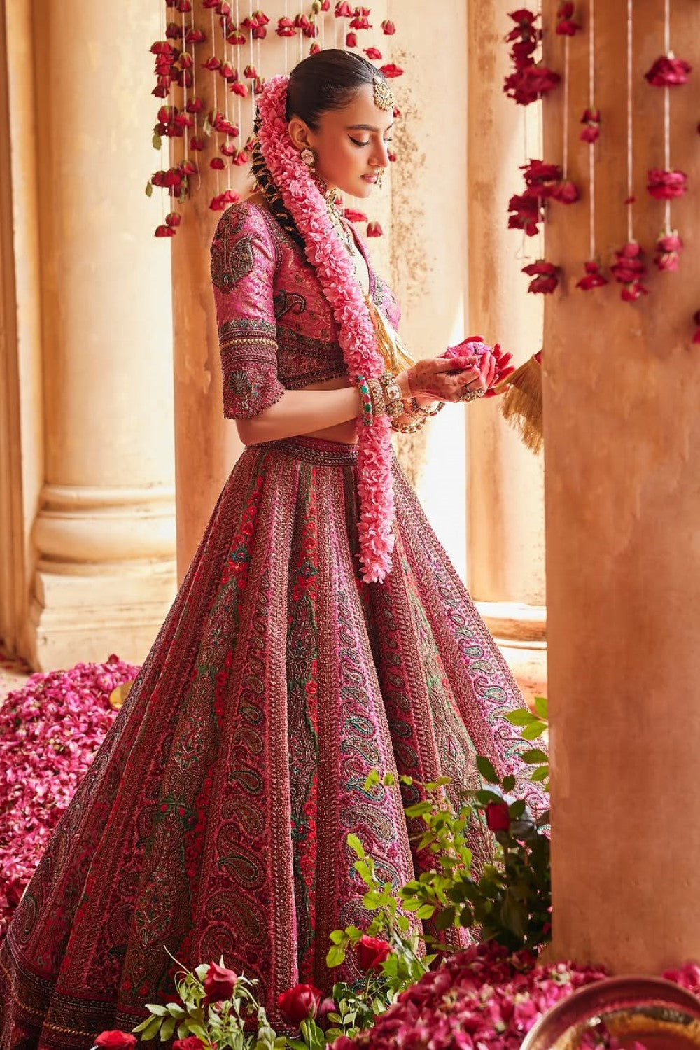 Wine color Hand Embroidered Nakshi Bridal Lehenga Set