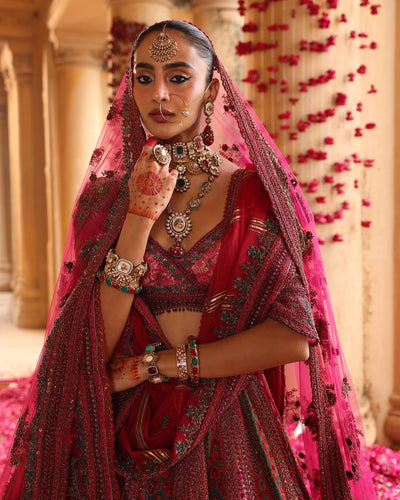 Wine color Hand Embroidered Nakshi Bridal Lehenga Set