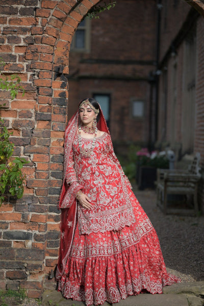 Red Embroidered Floral Broad Leaf Neck Lavanya Bridal Lehenga Set