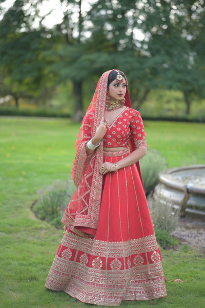 Red Silk Embroidered Zardosi French Knots Bridal Lehenga Set