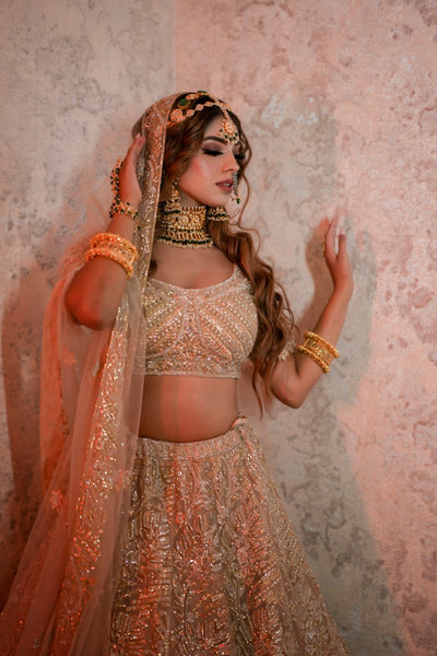 Gold Silk Satin Embroidery Sequins V Neck Shimmery lehenga set