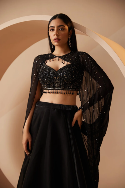 Black Lehenga Organza Embellished Sequin V Neck Bead