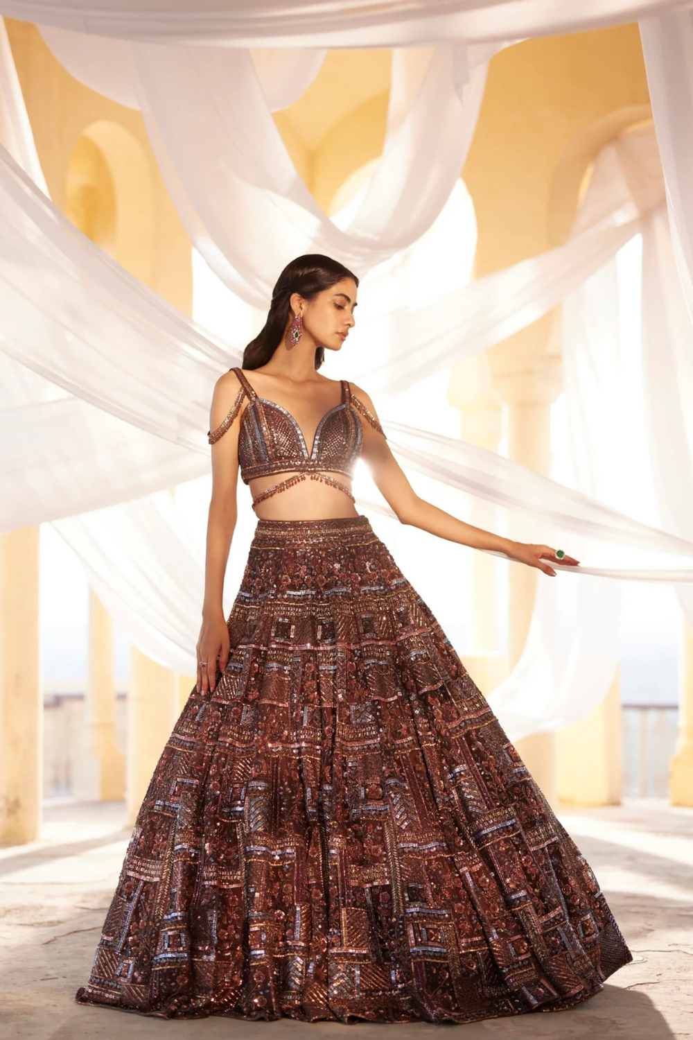 Brown kinaaz sequins and zardosi lehenga set