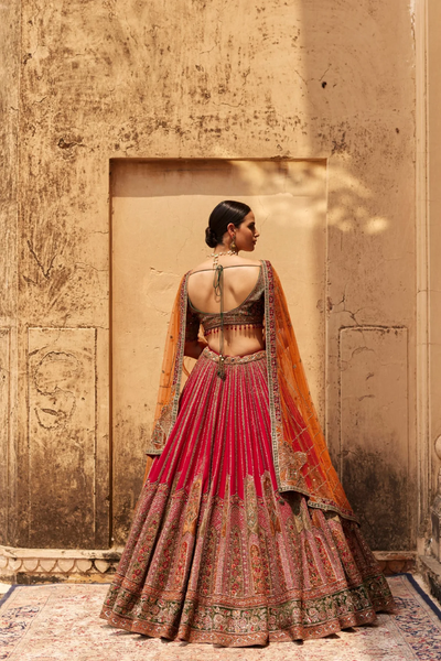 Red Lehenga Raw Silk Embroidery Zari Leaf Bridal Set