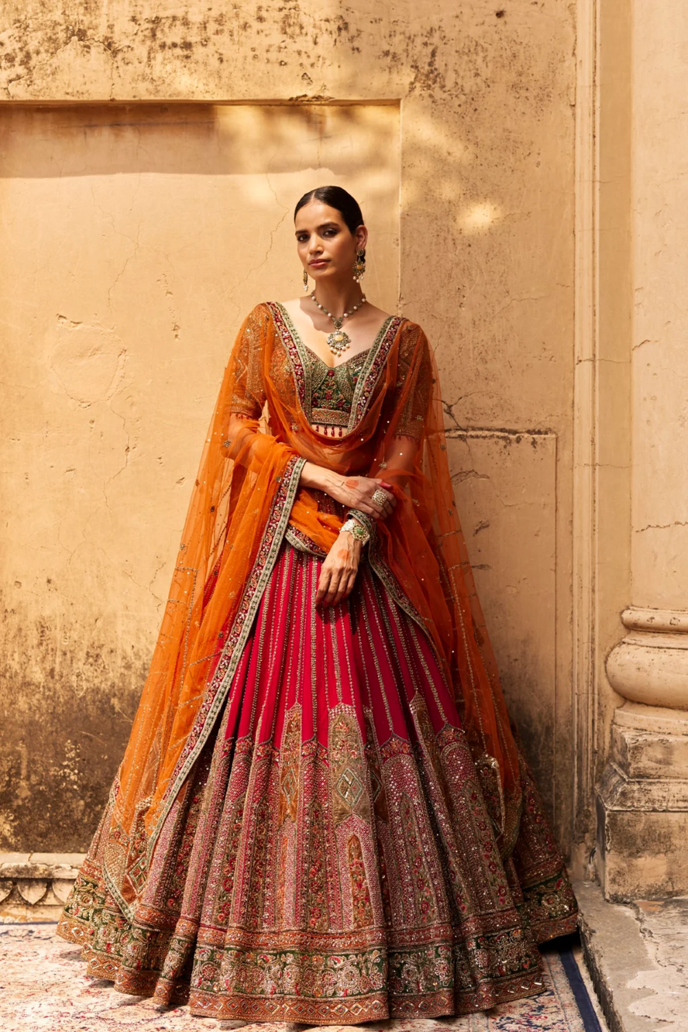 Red Lehenga Raw Silk Embroidery Zari Leaf Bridal Set
