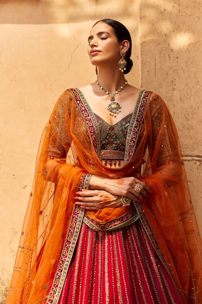 Red Lehenga Raw Silk Embroidery Zari Leaf Bridal Set