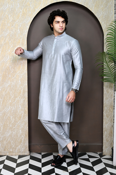 Men Grey Raw Silk Kurta Pajama