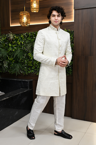 Men Sherwani in Ivory Jacquard  with Zari Work