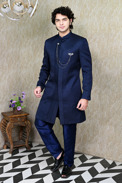 Men's Navy Blue Embroidered Sherwani