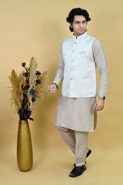 Men Light blue sequins silk jacquard nehru Waist Coat