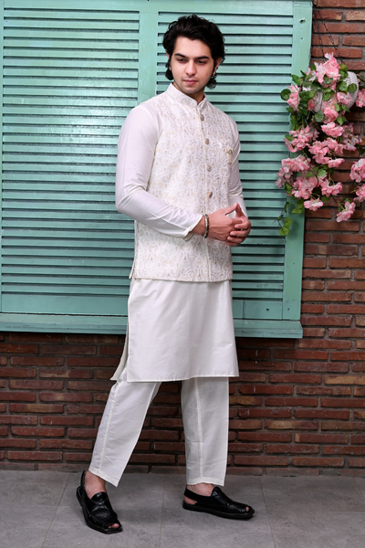 Men white embroidered Waist Coat