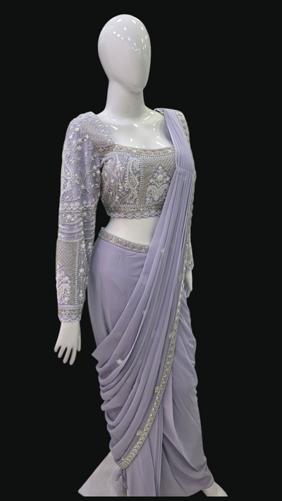 Lilac Heavy Crepe Embroidered Crystals Solid Pre-draped Saree
