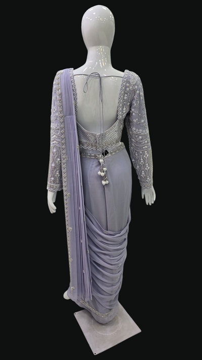 Lilac Heavy Crepe Embroidered Crystals Solid Pre-draped Saree