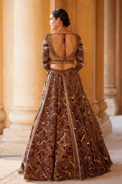 Maroon Lehenga And Blouse Raw Silk Embroidery  Blossom Garden Bridal Set