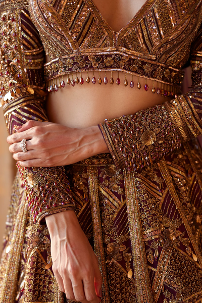 Maroon Lehenga And Blouse Raw Silk Embroidery  Blossom Garden Bridal Set