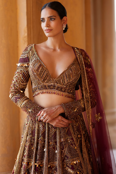 Maroon Lehenga And Blouse Raw Silk Embroidery  Blossom Garden Bridal Set