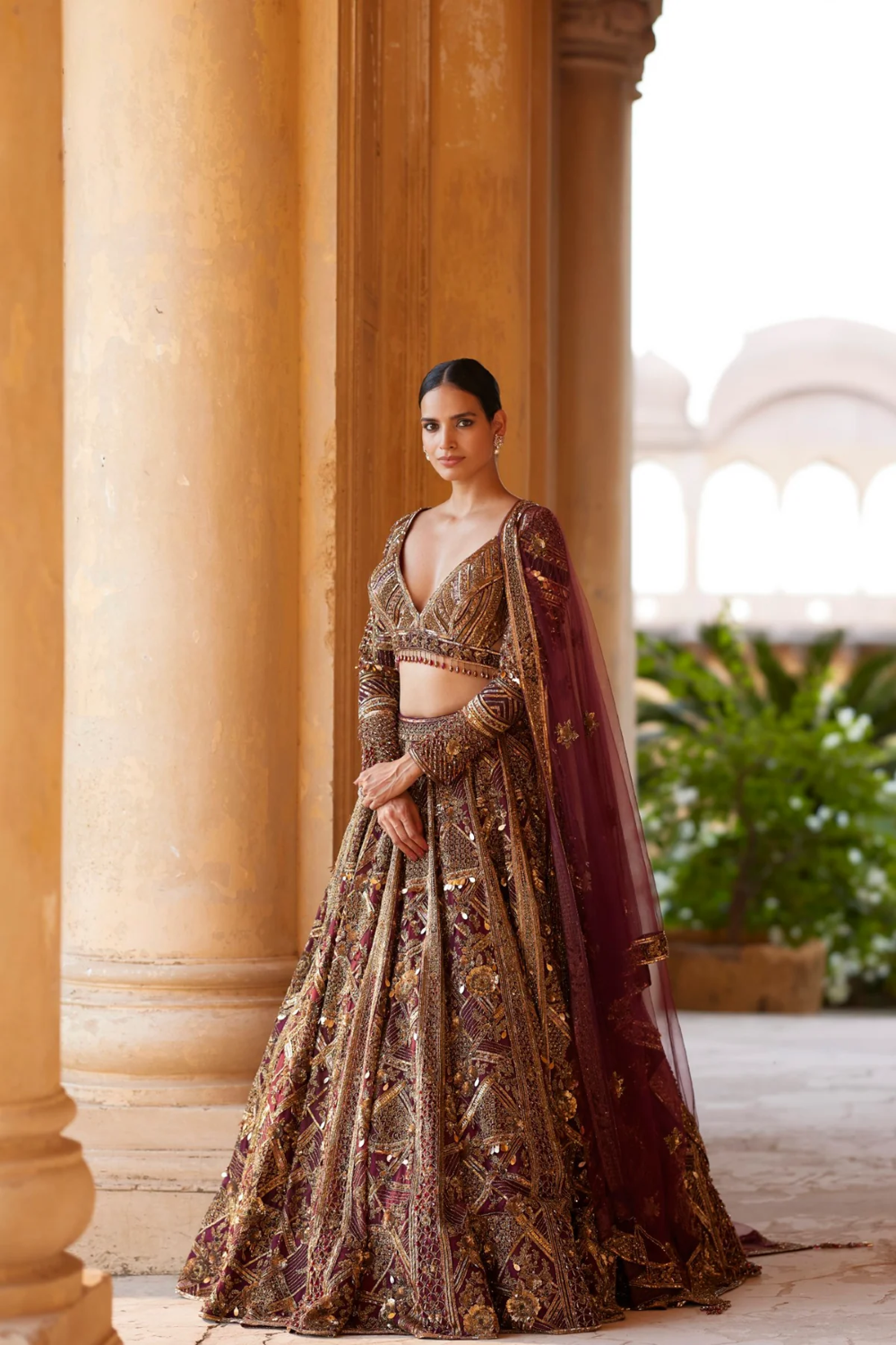 Maroon Lehenga And Blouse Raw Silk Embroidery  Blossom Garden Bridal Set