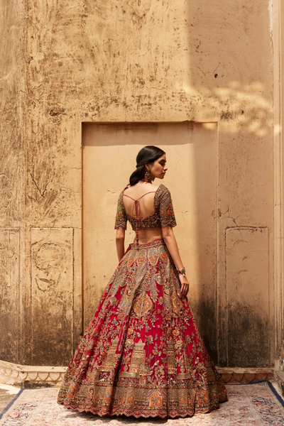 Maroon Velvet Embroidery Zardosi Round Neck Gul Bahar Bridal Lehenga Set