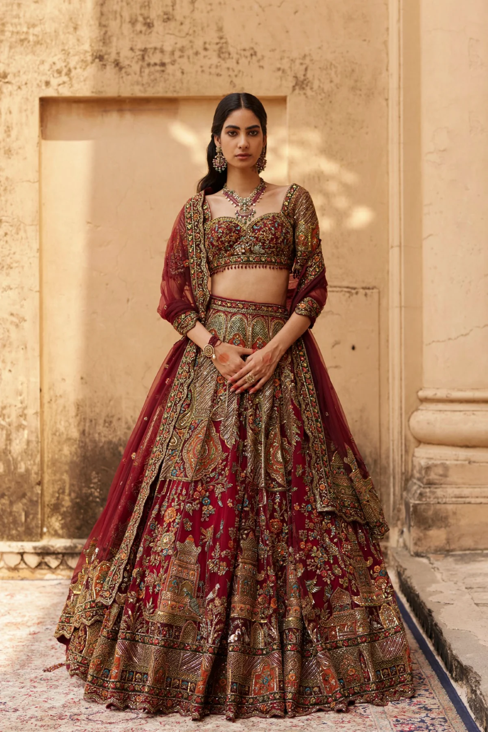 Maroon Velvet Embroidery Zardosi Round Neck Gul Bahar Bridal Lehenga Set