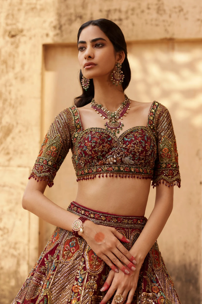 Maroon Velvet Embroidery Zardosi Round Neck Gul Bahar Bridal Lehenga Set