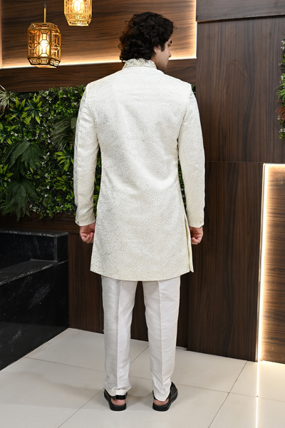 Men Sherwani in Ivory Jacquard  with Zari Work