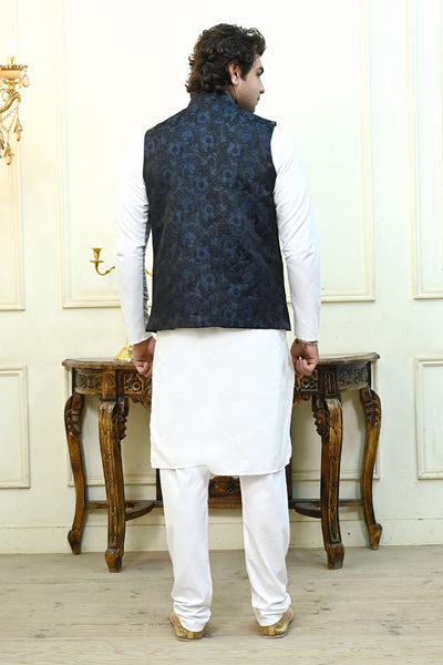 Black And Blue Floral Print Waist Coat