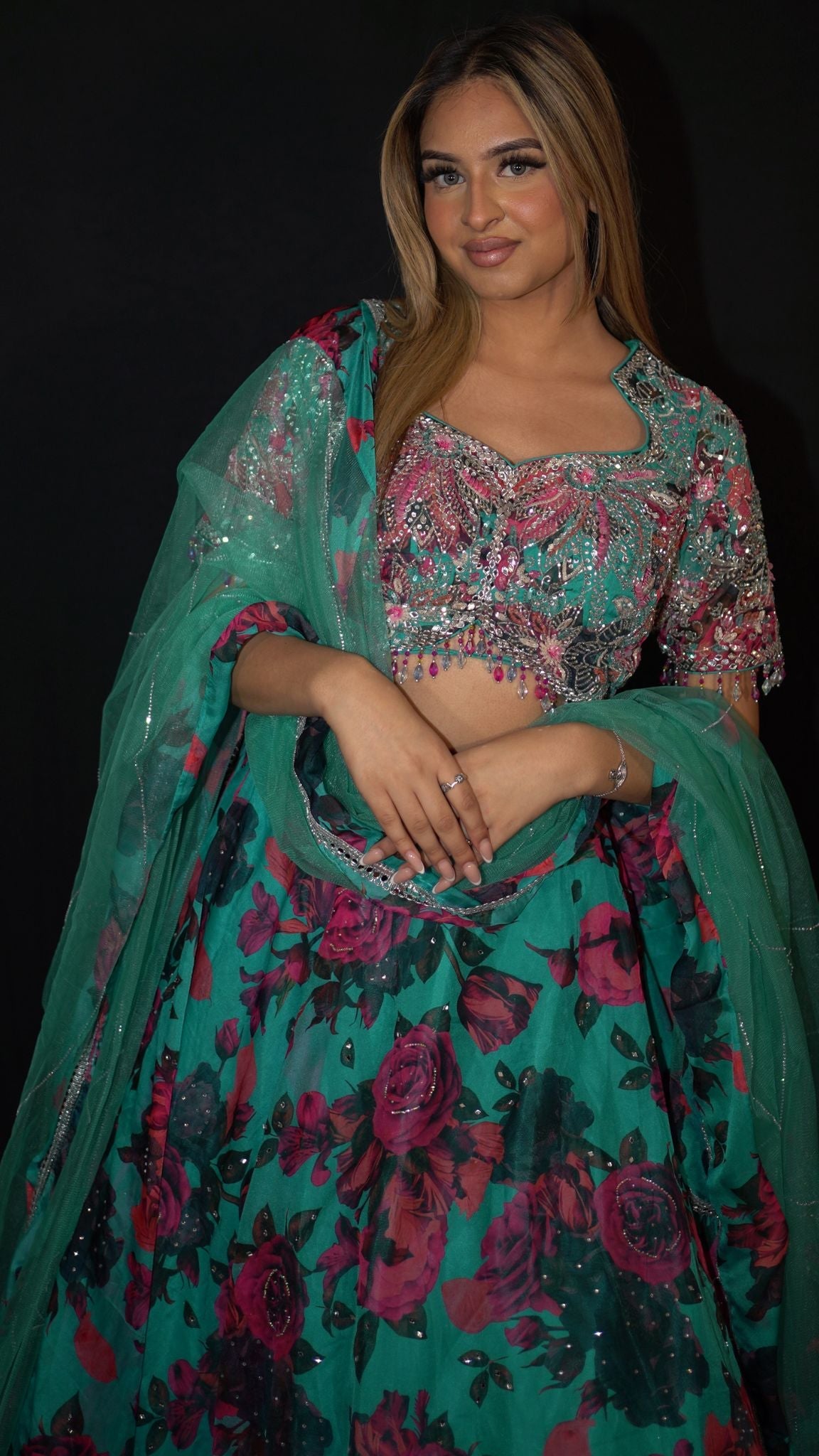 Emerald Green Floral Lehenga Set In Organza