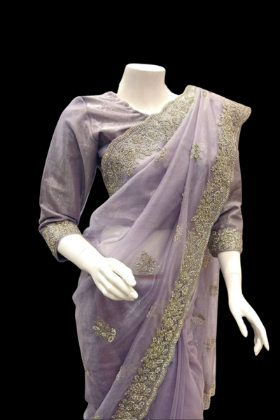 Stylish lilac full sleeves saree with sequins and  moti work
