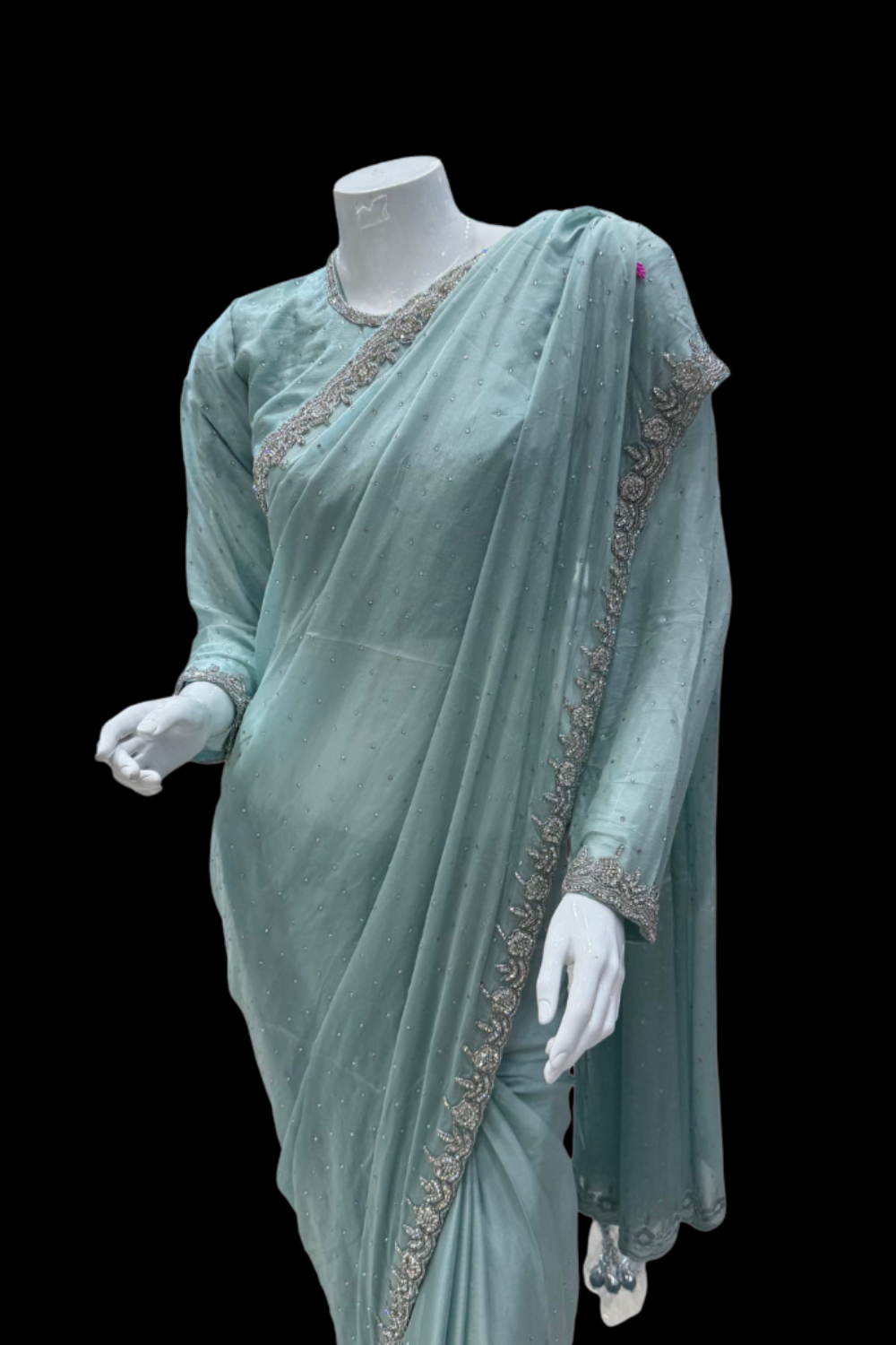 Elegant blue saree with hand zardosi embroidery