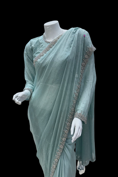 Elegant blue saree with hand zardosi embroidery