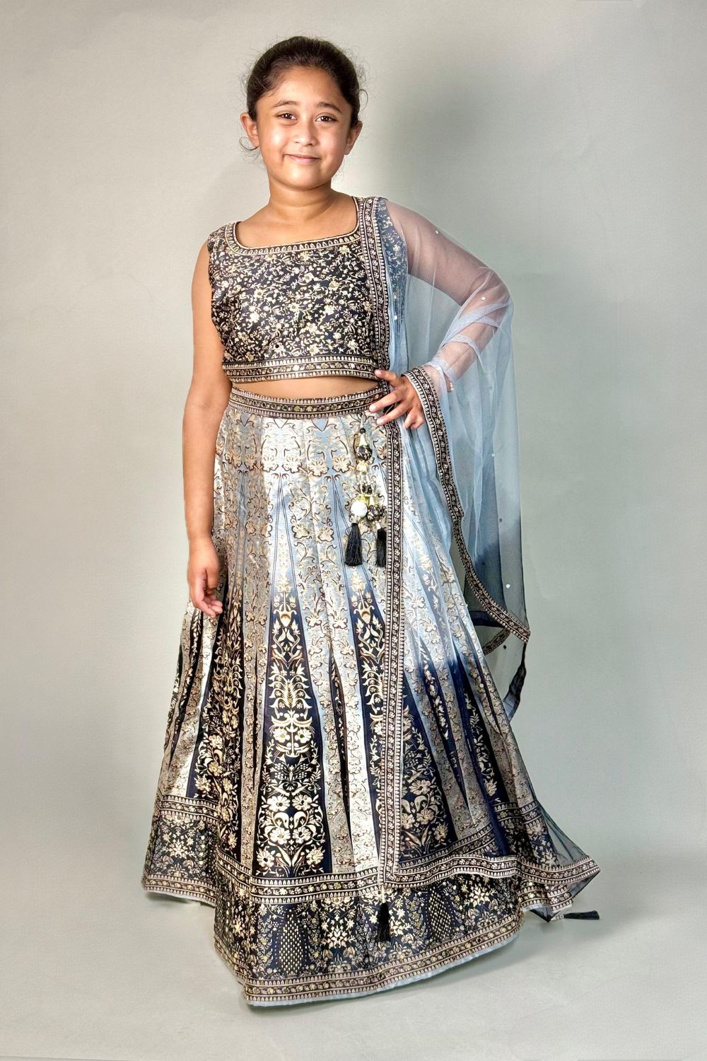 Kids black stone with mirror Stitched Lehenga