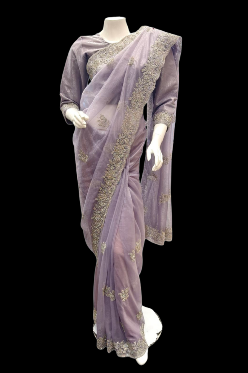 Stylish lilac full sleeves saree with sequins and  moti work