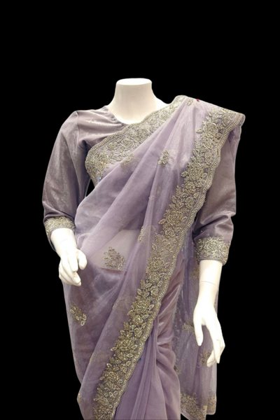 Stylish lilac full sleeves saree with sequins and  moti work
