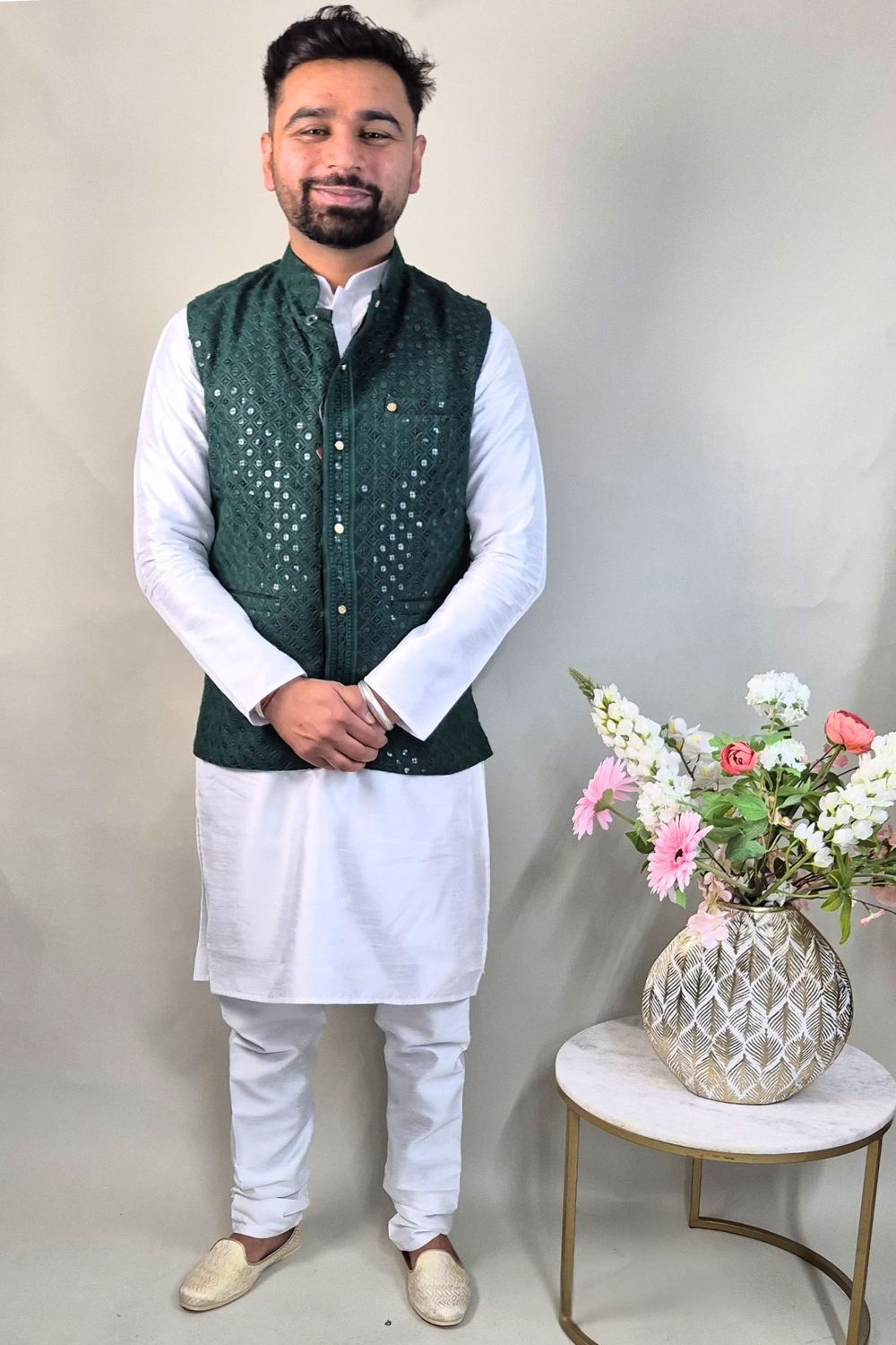 Bottle Green Sequins Waist Coat