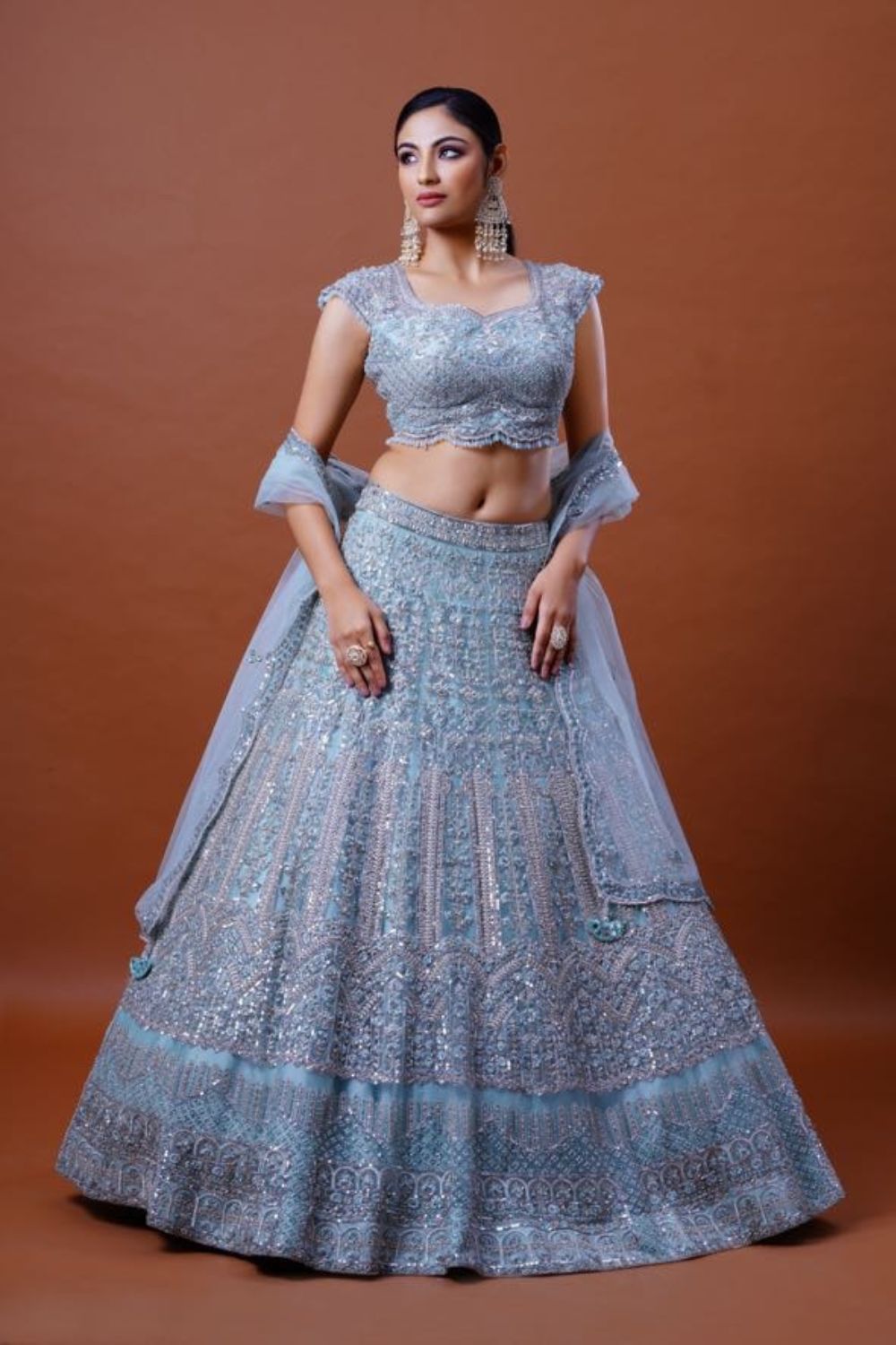Light Blue Lehenga Pearl Thread Sequin Embroidered Net Lehenga
