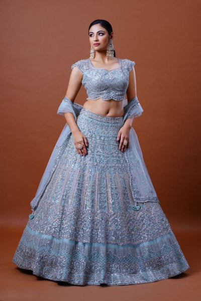 Light Blue Lehenga Pearl Thread Sequin Embroidered Net Lehenga