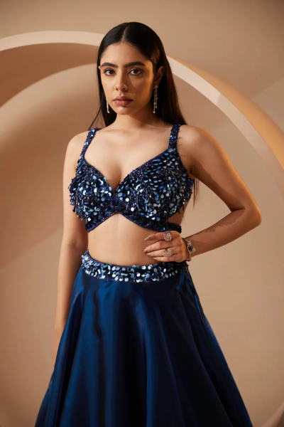 Electric blue lehenga with sequins and pearl detailing