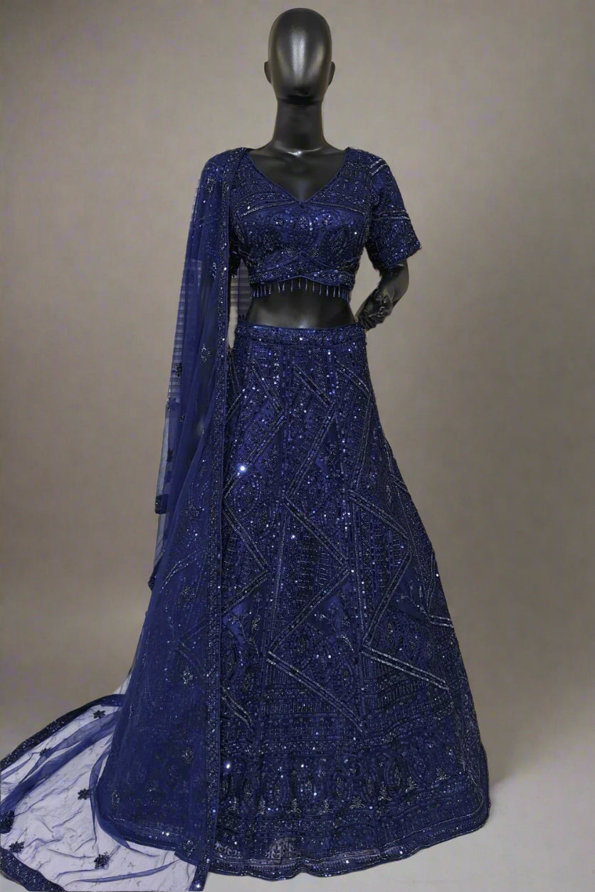 Elegant navy blue lehenga with moti and sequins work
