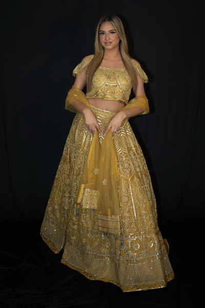 Yellow Net Lehenga Set with Silver Thread Work