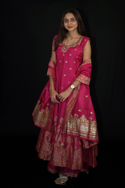 Hot Pink Banarasi Silk Anarkali Suit