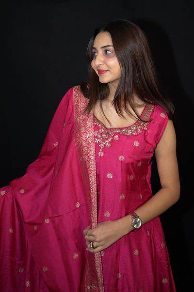 Hot Pink Banarasi Silk Anarkali Suit