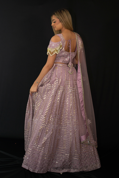 Lilac Net Lehenga Set with Silver Thread Work